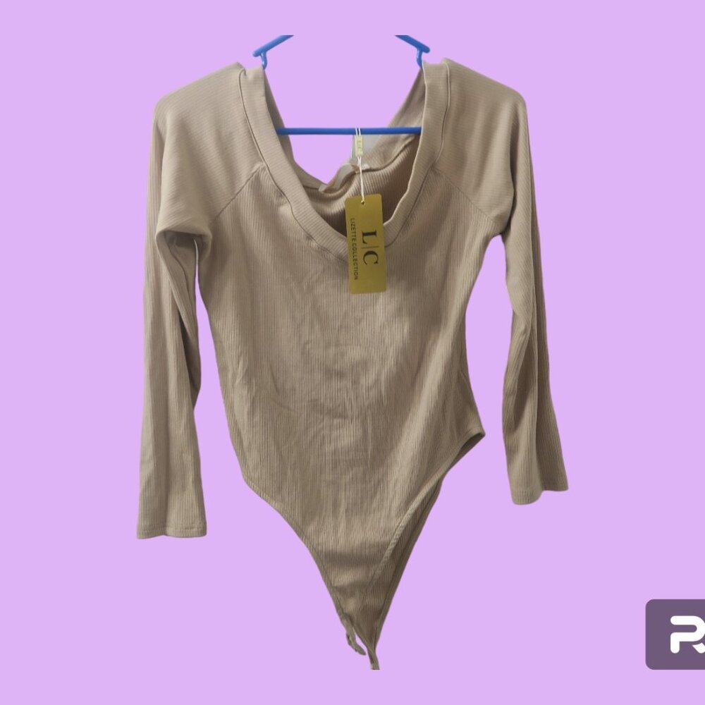 Lizette Collection style LC-A3676 ribbed bodysuit one piece blouse top in taupe